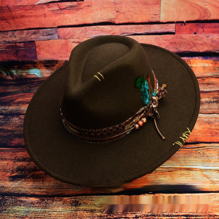 Western Original Design Manual Sewing Needle Woolen Felt Hat High-end And Fashionable Feather Model Fedora Hat - Phosgene