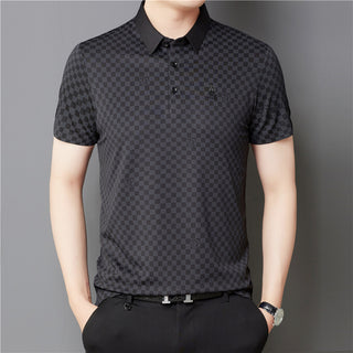 Men's Lapel Plaid Printed Seamless High Elasticity Ice Silk Short Sleeve Phosgene