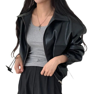 Lapel Double Zipper Pocket Long Sleeve Leather Coat - Phosgene