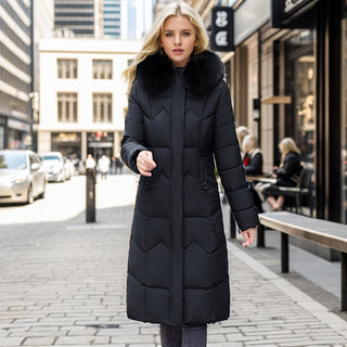 Winter Long Coat With Thickened Fur Collar Straight Slim Cotton-padded Jacket Women - Phosgene