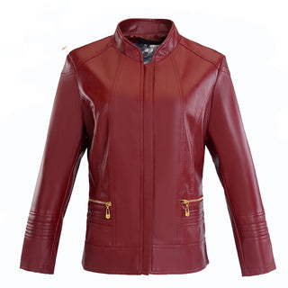 Middle-aged And Elderly Women's Leather Jacket Short Stand Collar Zipper Slim Fit - Phosgene