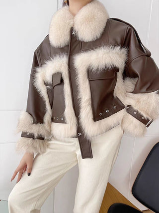 Sense Fox Fur Stitching Leather Coat - Phosgene