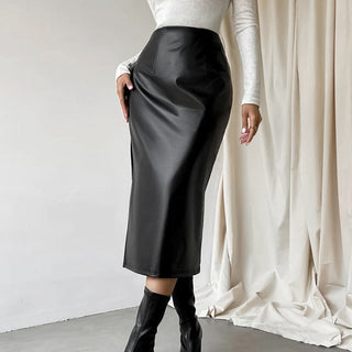 Commuter French Sheath PU Leather Skirt Autumn And Winter Black Slit Straight Skirt - Phosgene