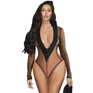 V-neck Sexy Sheer Mesh Long Sleeve Jumpsuit - Phosgene