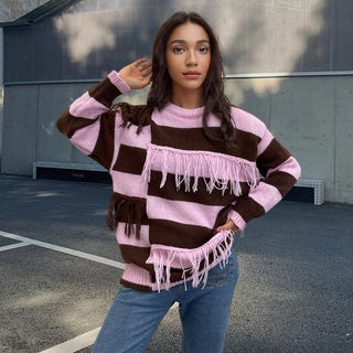 Contrast Color Tassel Sweater Sweater Striped European And American Top - Phosgene