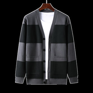 Spring And Autumn New Men's Striped Cardigan Single-breasted Long Sleeve Color Matching Casual Sweater Coat - Phosgene