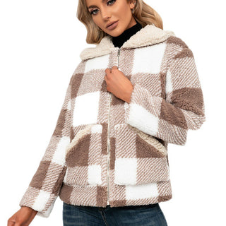 Casual Check Plush Lapel Jacket Lamb Fleece Check Pocket  Top - Phosgene