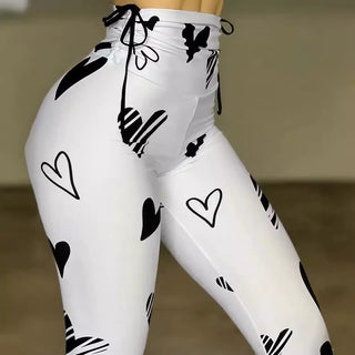 Drawstring Heart Print Yoga Sports Hip-hop Fitness Leggings - Phosgene