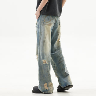 Graffiti Distressed Dirty Ripped Denim Trousers Phosgene