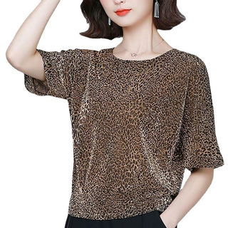 Plus Size Loose-fitting Belly-covering Bright Silk Bottoming Leopard Print Shirt - Phosgene