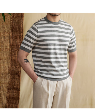 Striped Navy-striped Shirt Breathable Tencel Cotton Round Neck Short Sleeve T-shirt Phosgene