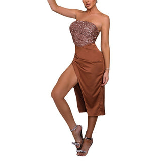 Sexy Tube Top Temperament High Slit Pure Color Sequins Evening Dress - Phosgene