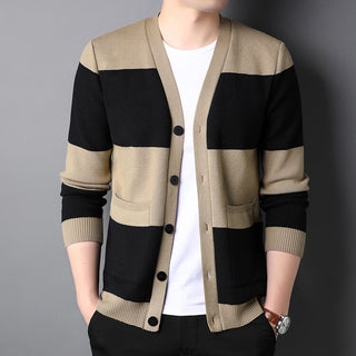 Spring And Autumn New Men's Striped Cardigan Single-breasted Long Sleeve Color Matching Casual Sweater Coat - Phosgene