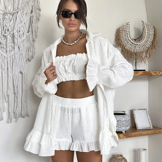 Women's White Cotton Jacquard Pajamas Three-piece Set Loose Phosgene