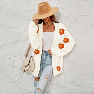 Women's Fashion Casual Flower Cardigan Lantern Sleeve Sweater Coat - Phosgene