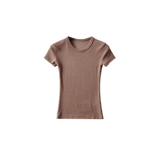 Basic Style Round Neck Tight Stretch Solid Color Short Sleeve T-shirt Top - Phosgene