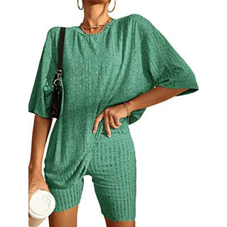 Women's Ribbed Short-sleeved Drop-shoulder Shorts Suit Phosgene