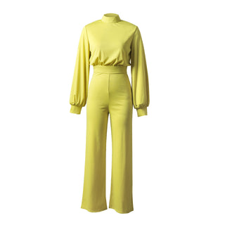 Women's Solid Color Turtleneck Backless Long Sleeves Casual One-piece Trousers - Phosgene