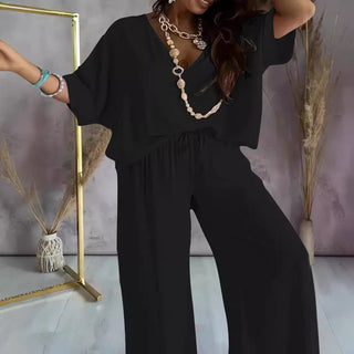 V-neck Batwing Sleeve Loose Wide Leg Pants Suit Women Phosgene