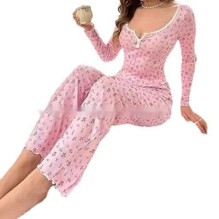 Small Floral Print Lettuce Edge Lace Collar Button Pajamas Suit Phosgene