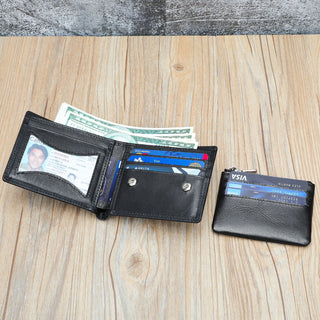 Handmade Cowhide Wallet Men's Top Layer Leather Zipper Anti-theft Swiping Large Capacity - Phosgene