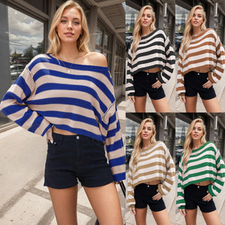 Women's Pullover Sweater Striped Loose Short - Phosgene