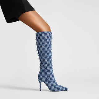 Chessboard Plaid Denim Blue Cloth Women's Boots - Phosgene