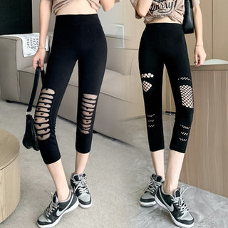 Summer Thin Women's Ripped Mesh Cropped Pants - Phosgene