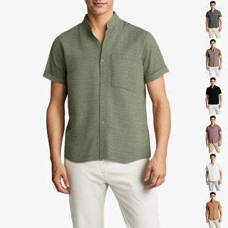 Solid-color Short-sleeved Lapel Shirt Summer Breathable Cotton And Linen Top Mens Clothing Phosgene