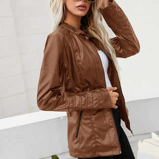 Stand-up Collar Zipper Long-sleeved Solid Color Women's Leather Jacket - Phosgene