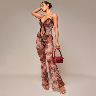 Digital Printed Sexy Cutout Sling Jumpsuit - Phosgene