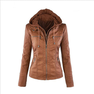 Stand-up Collar Zipper Long-sleeved Solid Color Women's Leather Jacket - Phosgene