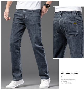 Men's Casual Half Elastic Waist Stretch Denim Trousers Phosgene