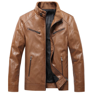 Men's Fleece Padded Coat Casual Korean-style Stand Collar PU Leather Jacket Trendy Youth - Phosgene