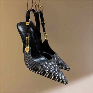 Women's Rhinestone Pointed Toe Strap Decorative High Heels - Phosgene