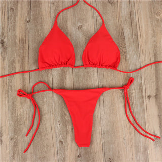 2pcs Halterneck Lace-up Bikini Women Summer Solid Color Sexy Split Strap Adjustable Swimsuit Suit - Phosgene