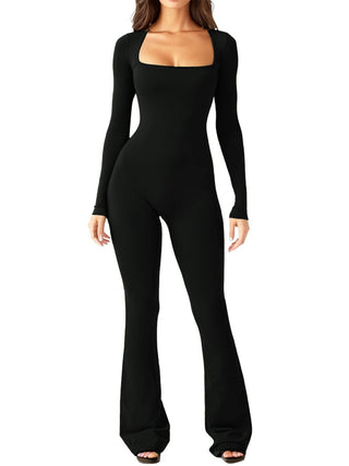 Women's Long Sleeve Belly And Waist Shaping Square Collar High Elastic Jumpsuit - Phosgene