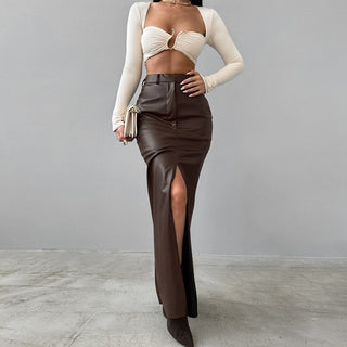 French Style Khaki PU Leather Skirt Women's Simple Split High Waist Straight Dress - Phosgene