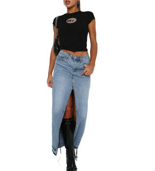 European And American Style Women's Clothing High Waist Slit Design Denim Skirt Phosgene