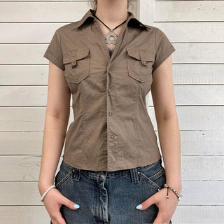 European And American Minimalist Basic Lapel Snap Fastener Tooling Style Shirt Short Sleeve Top - Phosgene