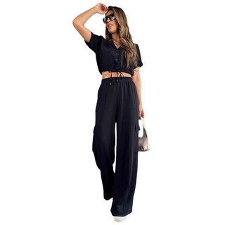 European And American Summer Fashion Casual Suit Women's Short-sleeved Overalls Two-piece Set - Phosgene