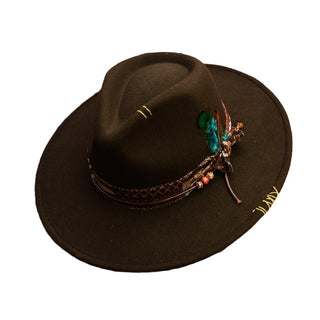 Western Original Design Manual Sewing Needle Woolen Felt Hat High-end And Fashionable Feather Model Fedora Hat - Phosgene