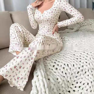 Small Floral Print Lettuce Edge Lace Collar Button Pajamas Suit Phosgene