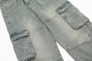 Punk Old Wash Denim Cargo Pants Trousers Men Phosgene