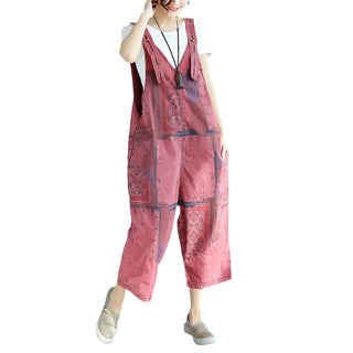 Printed Worn Looking Washed-out Big Crotch Ninth Plus Size Stitching Denim Suspender Pants - Phosgene