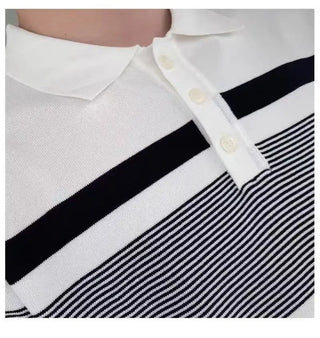 Casual Trend Striped Lapel Short Sleeve Phosgene