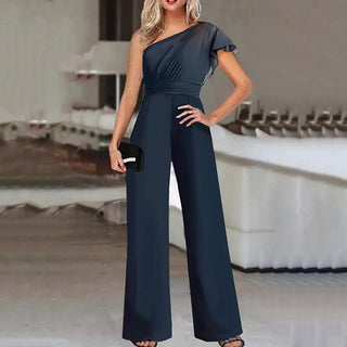 Color Diagonal Collar Strapless High Waist Jumpsuit - Phosgene