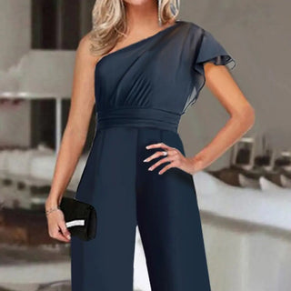 Color Diagonal Collar Strapless High Waist Jumpsuit - Phosgene