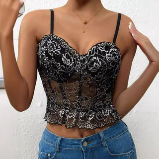 Color Matching Lace Pleated Hem Fishbone Women's Camisole Phosgene