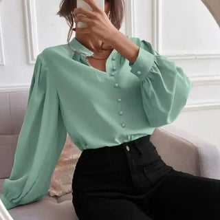 Commute Style Solid Color Round Neck Long Sleeve Single-breasted Women's Shirt Phosgene